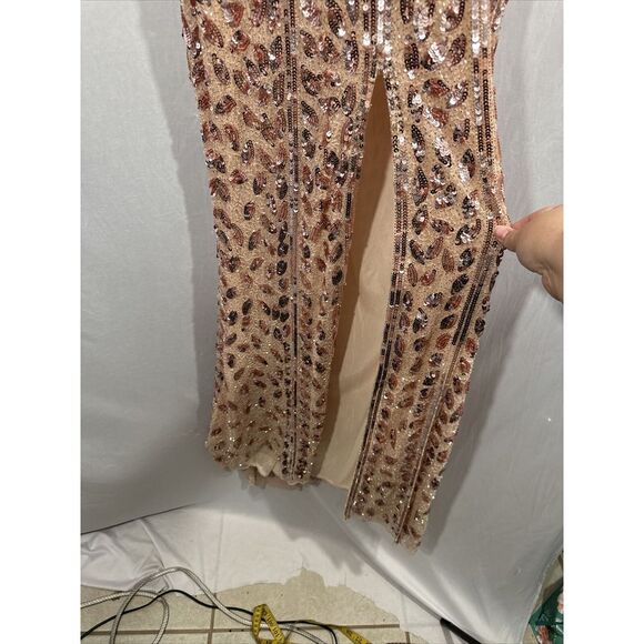 NWT Mac Duggal [ 6 ] Embellished Front Slit Long Sleeve Gown 5002‎ Rose Gold - Picture 13 of 16